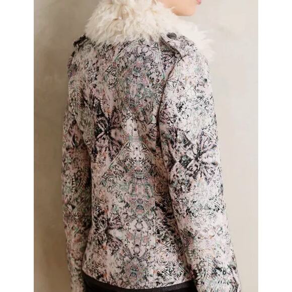 Anthropologie faux fur collared tapestry jacquard pink wool zipper jacket Sz 6 - Picture 3 of 4